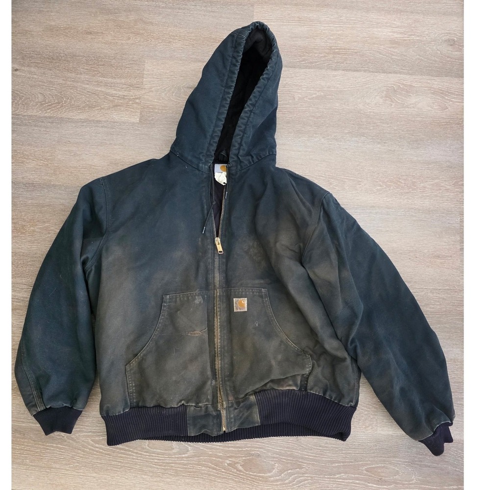 Carhartt J140 BLK Duck Active Jacket Mens XL Black Faded Vintage Workwear Hooded